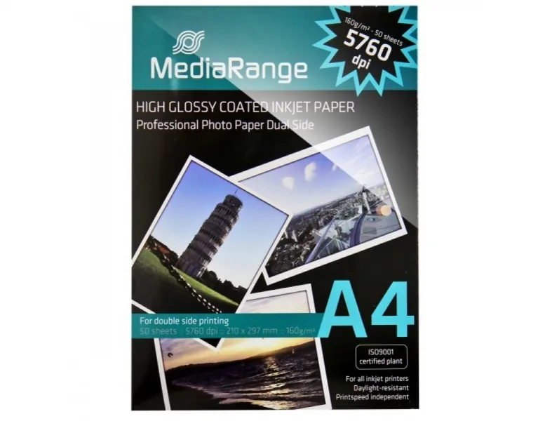 Papel Fotográfico Dupla Face A4 160g Brillante MediaRange (50 folhas)