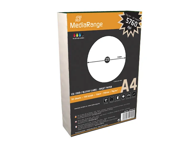 Etiquetas Mediarange para CD/DVD/Bluray GLOSSY 15-118mm (Pack 100 Folhas)
