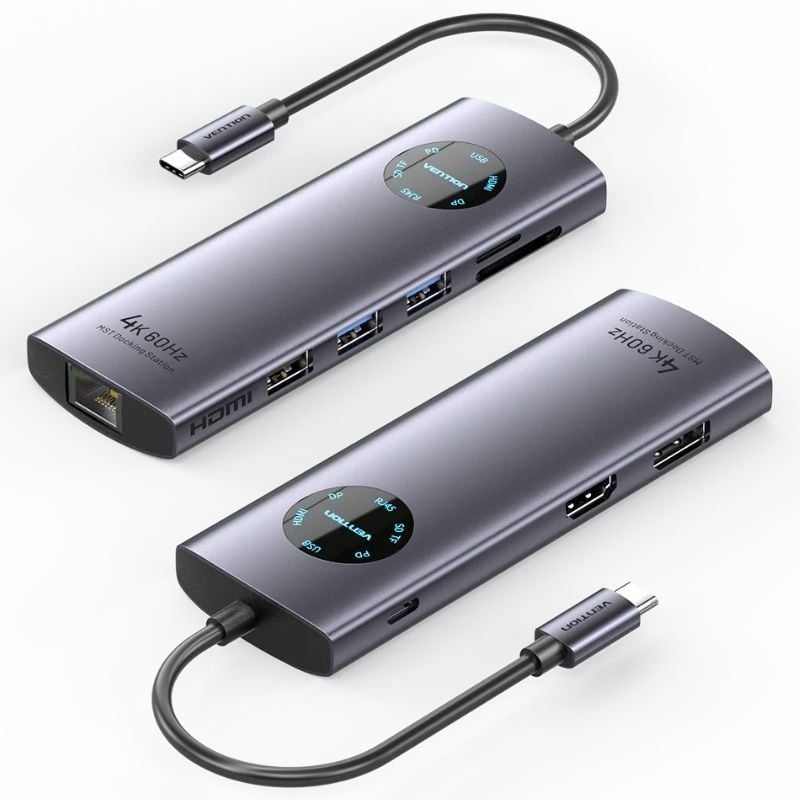 Docking USB USB-C Vention 1xHDMI 4K 1xDisplayPort 3xUSB 1xRJ45 1xUSB Tipo-C PD 1xLeitor Cartões