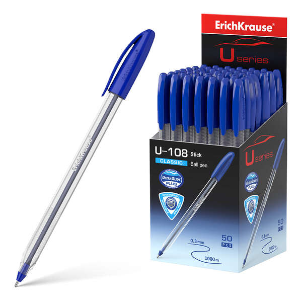 Esferográfica Erichkrause U-108 Clássico - Ponta 1.0mm - Cor Azul - Pack 50 unidades