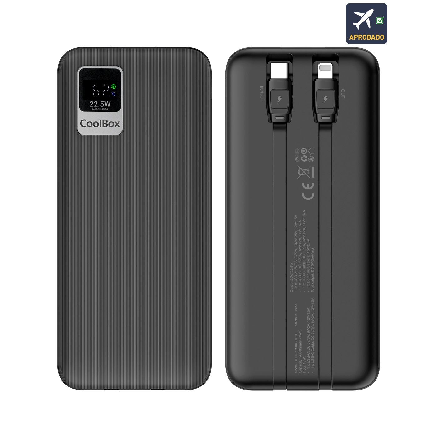 Powerbank 20000mAh, ecrã LCD + cabos USB-C e Lightning DP20 Coolbox