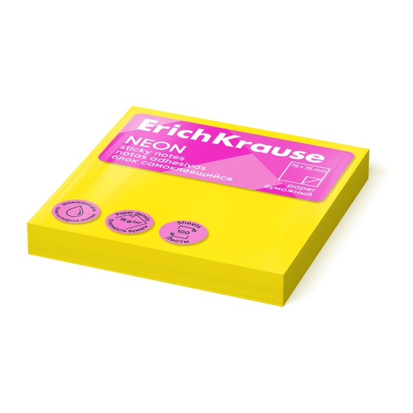 Bloco de 100 Notas Adesivas 75x75mm - Removíveis - Amarelo Neon ErichKrause