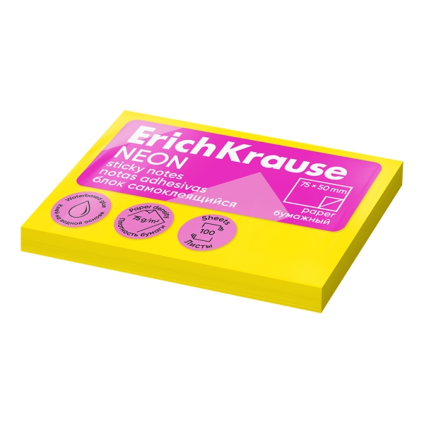 Bloco de 100 Notas Adesivas 50x75mm - Removíveis - Amarelo Neon ErichKrause